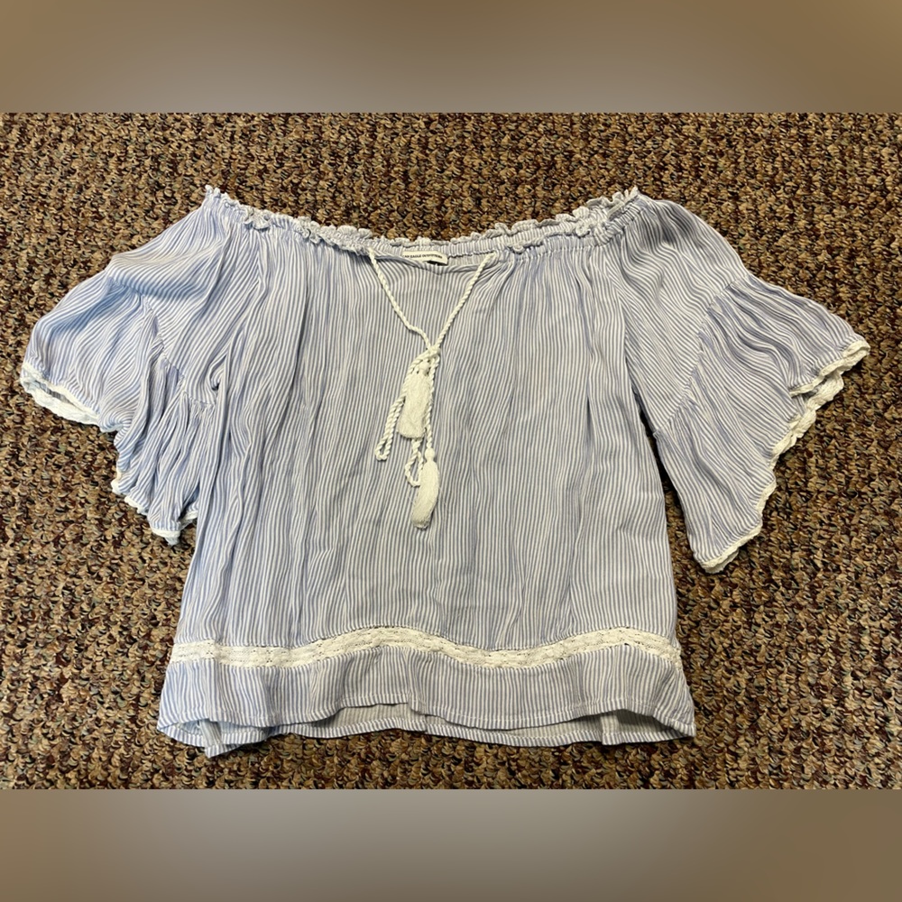 American Eagle Blue and White Striped Off-the-shoulder Top, Size XS